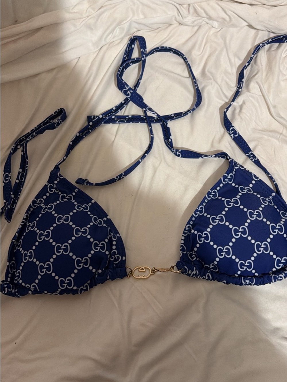 Gucci Navy Blue Logo Triangle Bikini Top with Gold Clasp